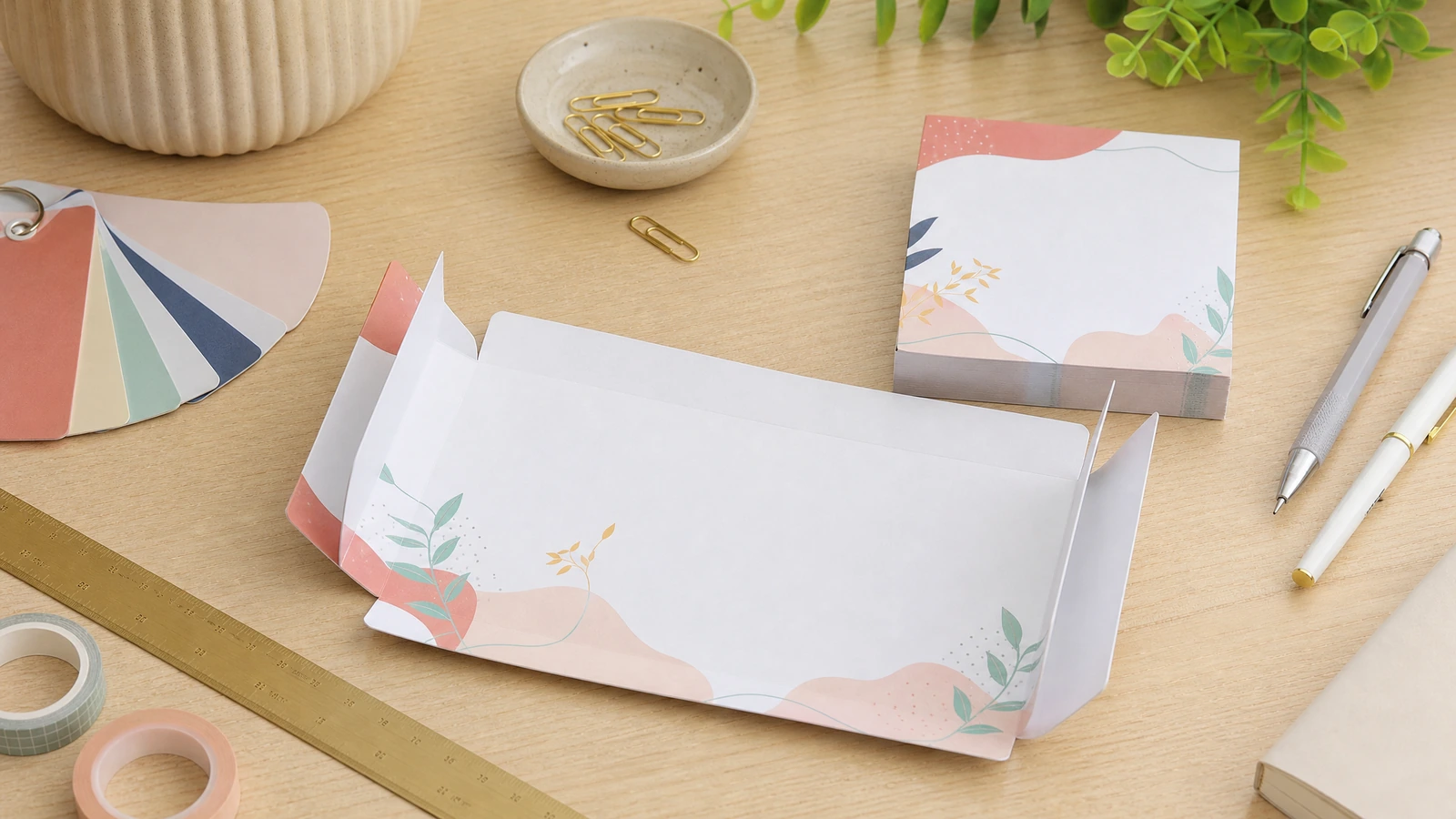 Tập giấy ghi chú in trên bàn làm việc Tập giấy ghi chú in họa tiết hoa và các tờ giấy gấp cùng bút và bảng mẫu màu trên bàn làm việc