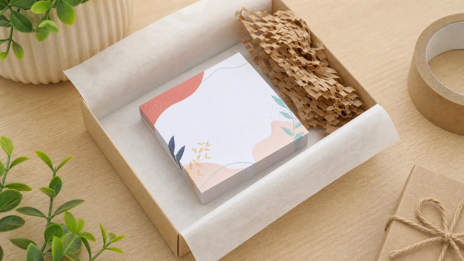 Tập giấy ghi chú được đóng gói với lớp đệm giấy Tập giấy ghi chú in trong hộp lót giấy lụa, có đệm giấy tổ ong