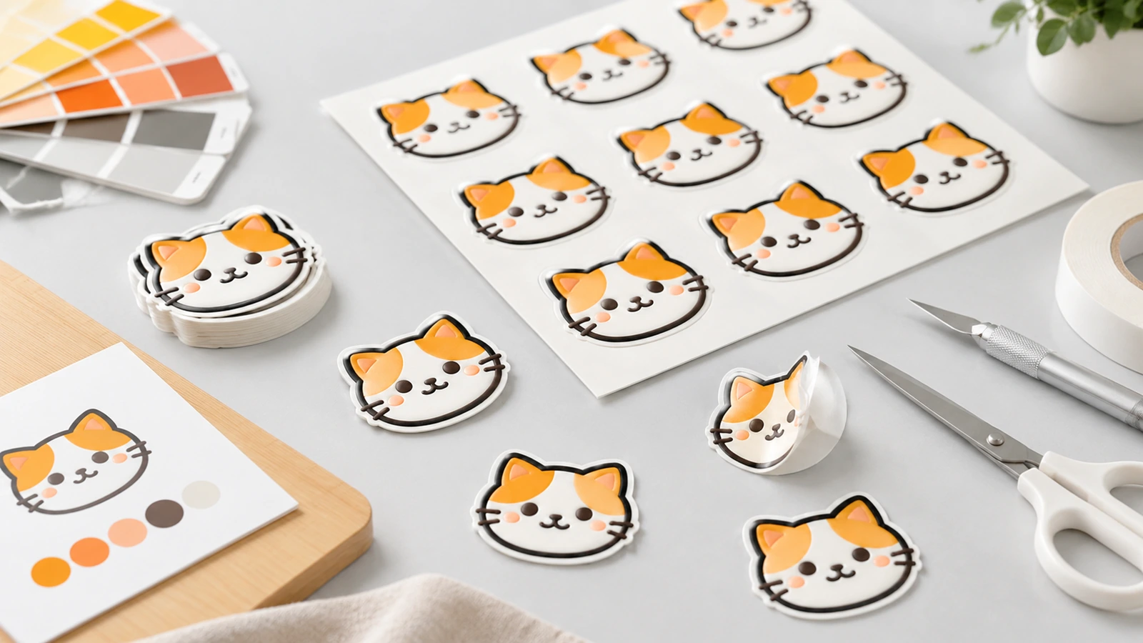 Sticker mặt mèo trên tờ và dạng từng miếng bên cạnh mẫu màu và dụng cụ thủ công