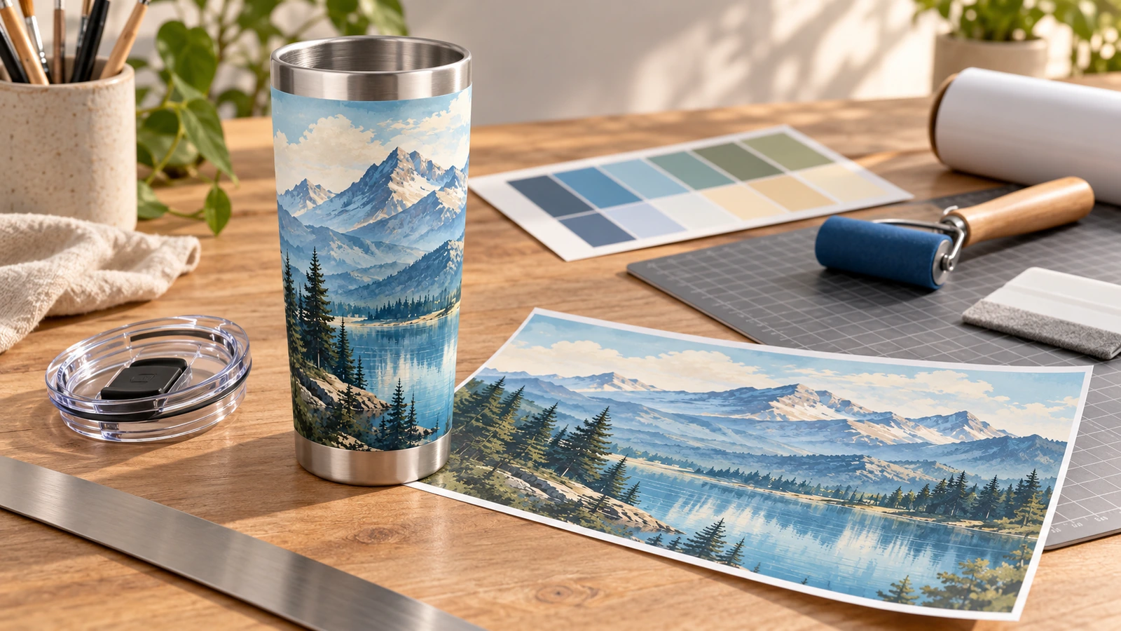Tài liệu ly tumbler và thiết kế họa tiết núi Ly tumbler họa tiết núi cạnh nắp trong suốt có thể tháo rời, tờ thiết kế và mẫu màu