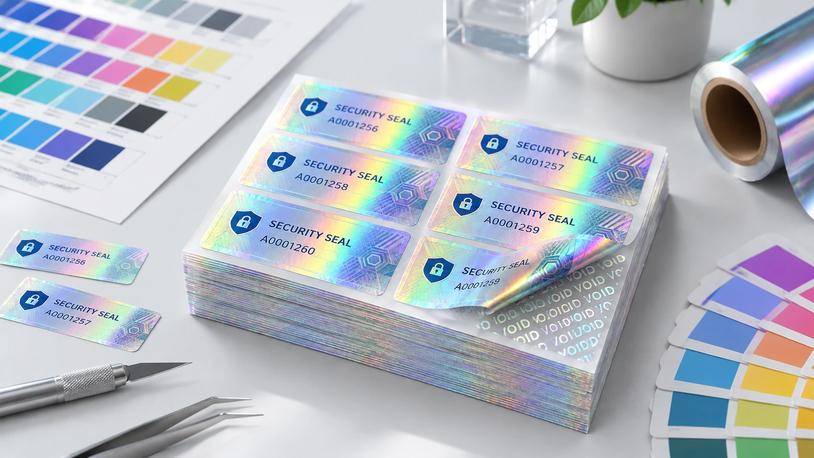 Các tờ nhãn bảo mật hologram xếp chồng cạnh bảng mẫu màu, một góc bị bóc để lộ hoa văn VOID