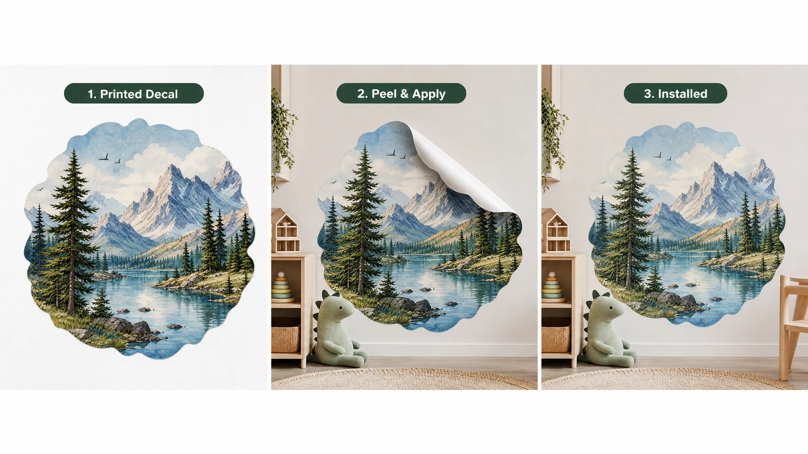 Minh họa 3 tấm thể hiện decal hình núi và hồ đã in, bước bóc và dán, và kết quả sau khi lắp đặt