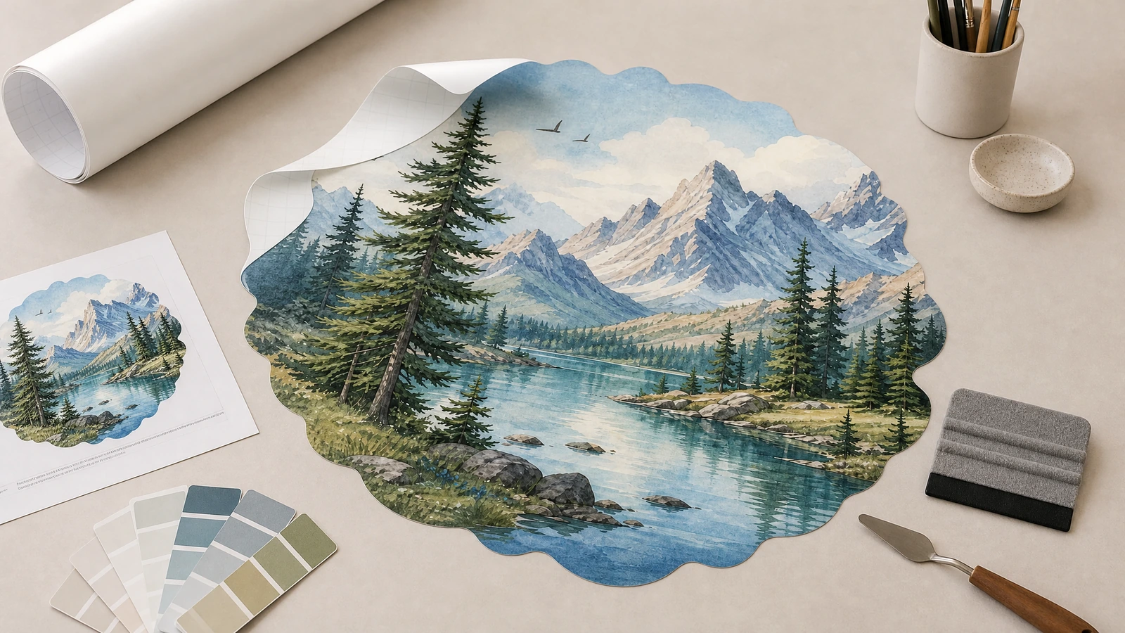 Decal tường hình núi và hồ trên bàn làm việc, cùng một bản in mẫu, các mẫu màu và dụng cụ gạt