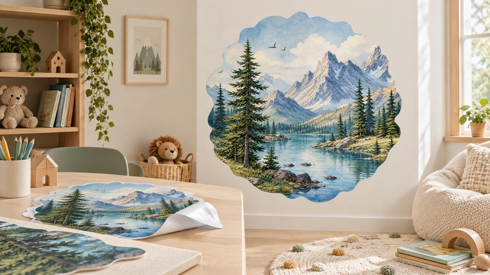 Decal hình núi và hồ được dán trên tường phòng trẻ em, cùng các tờ decal đồng bộ trên bàn