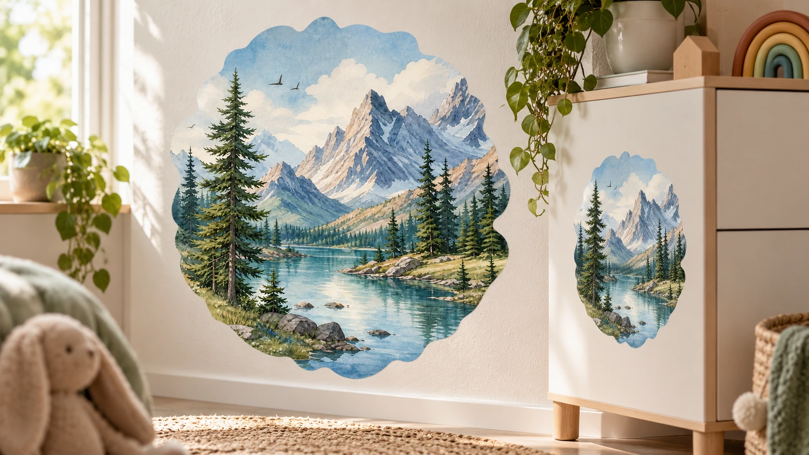Decal hình núi và hồ trưng bày trên tường và tủ trong phòng trẻ em