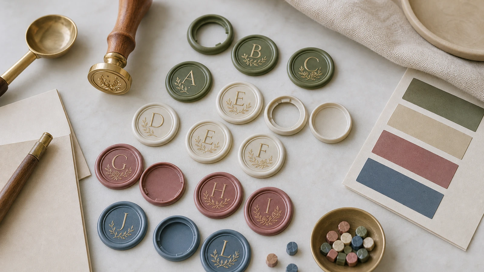 Niêm phong sáp monogram và bảng mẫu màu Niêm phong sáp monogram màu xanh lá, ngà, hồng và xanh dương cạnh con dấu sáp, thìa và bảng mẫu màu