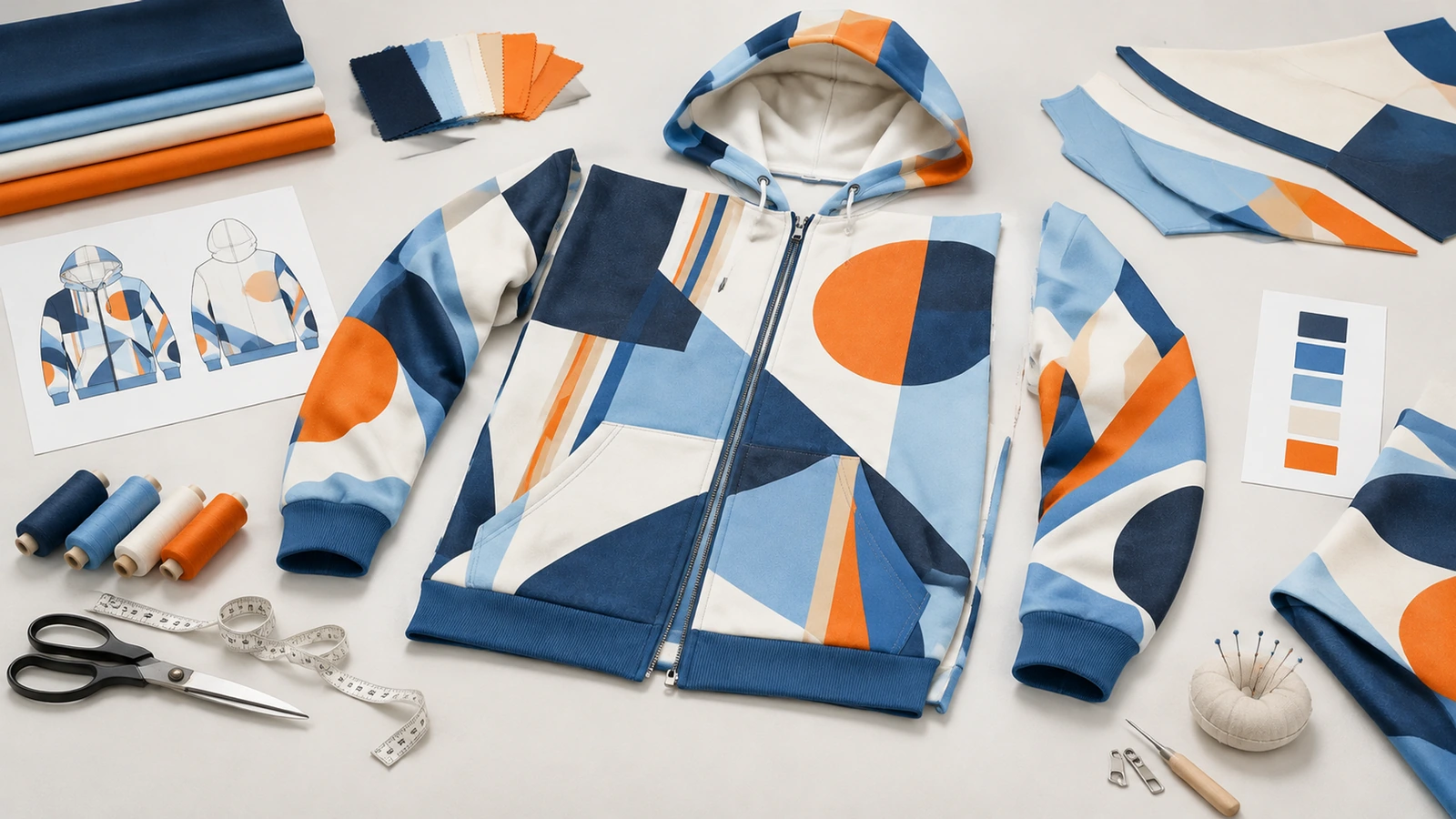 Áo hoodie khóa kéo họa tiết hình học và vật liệu thiết kế Áo hoodie khóa kéo họa tiết hình học màu xanh dương, cam và trắng, xung quanh là mẫu vải, chỉ và dụng cụ may