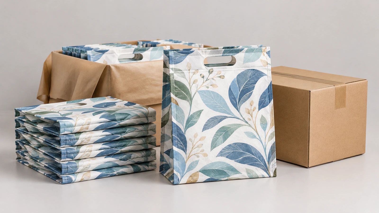 Túi D-cut và hộp đóng gói Túi D-cut in họa tiết lá đứng và các túi gấp đặt cạnh hộp carton đóng gói