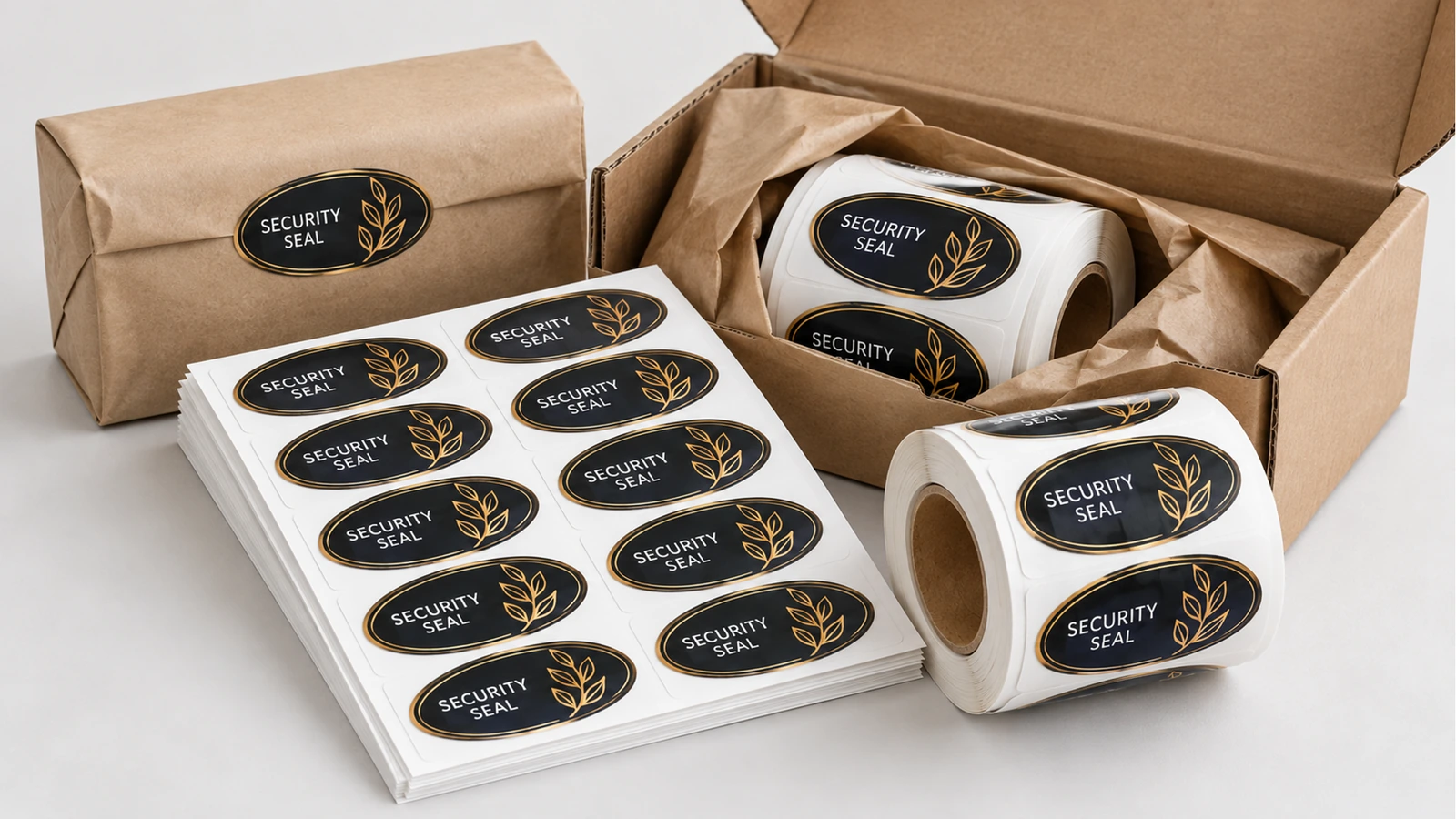 Tấm và cuộn nhãn bảo mật đặt cạnh bao bì bảo vệ và thùng carton Tấm và cuộn nhãn bảo mật đặt cạnh bao bì bảo vệ và thùng carton