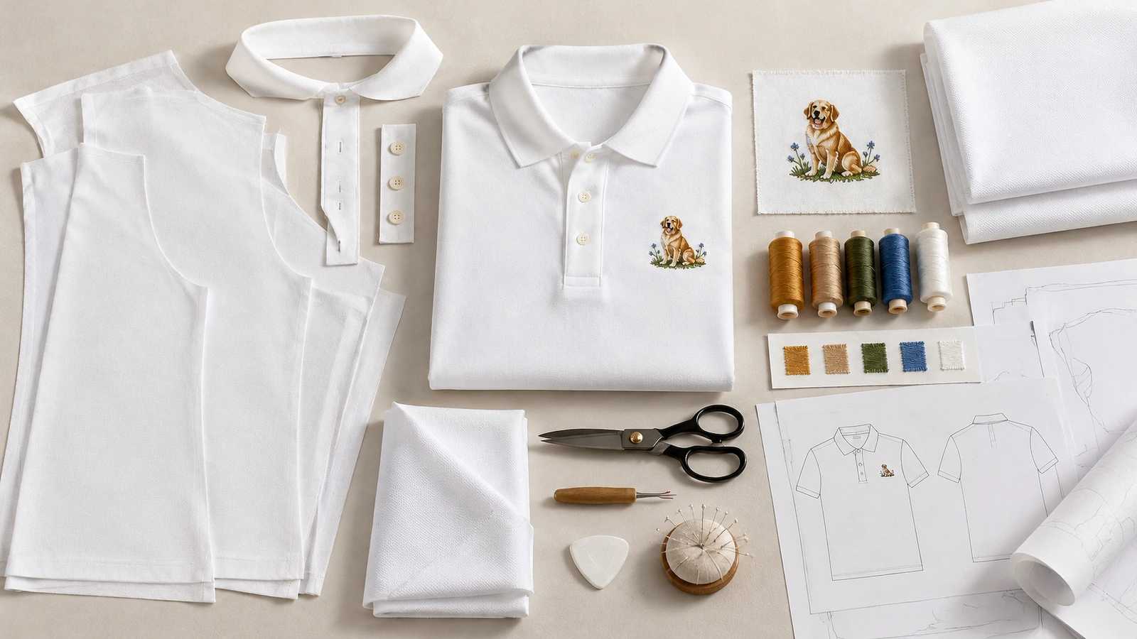 Áo polo và vật liệu thêu Áo polo trắng, các mảnh vải, cuộn chỉ thêu, kéo và mẫu thiết kế hình chó được sắp xếp trên mặt bàn làm việc