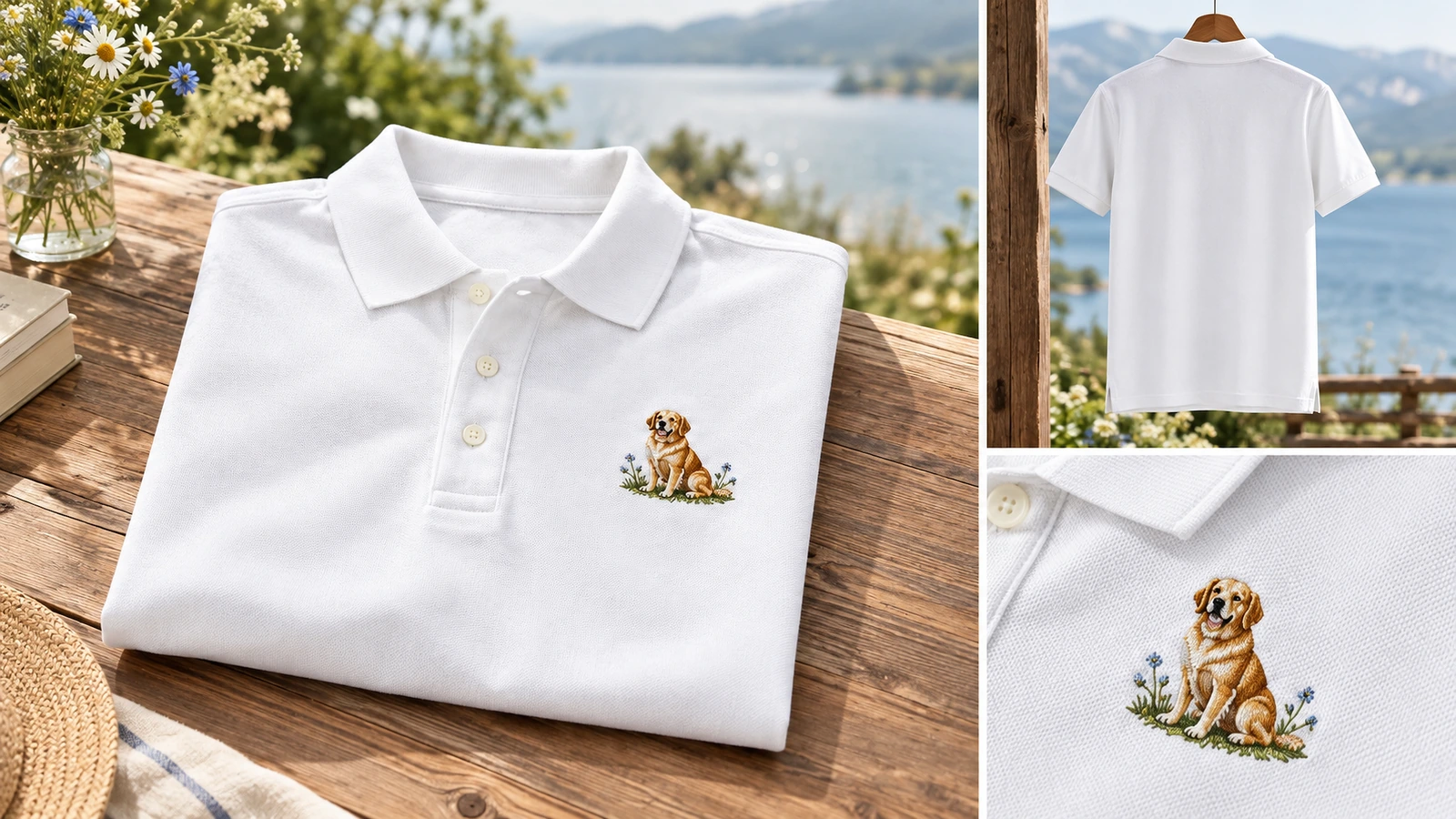 Các góc nhìn trước, sau và chi tiết của áo polo có thêu Bộ ghép ảnh áo polo có thêu gấp ngoài trời, góc nhìn phía sau treo và cận cảnh họa tiết chó