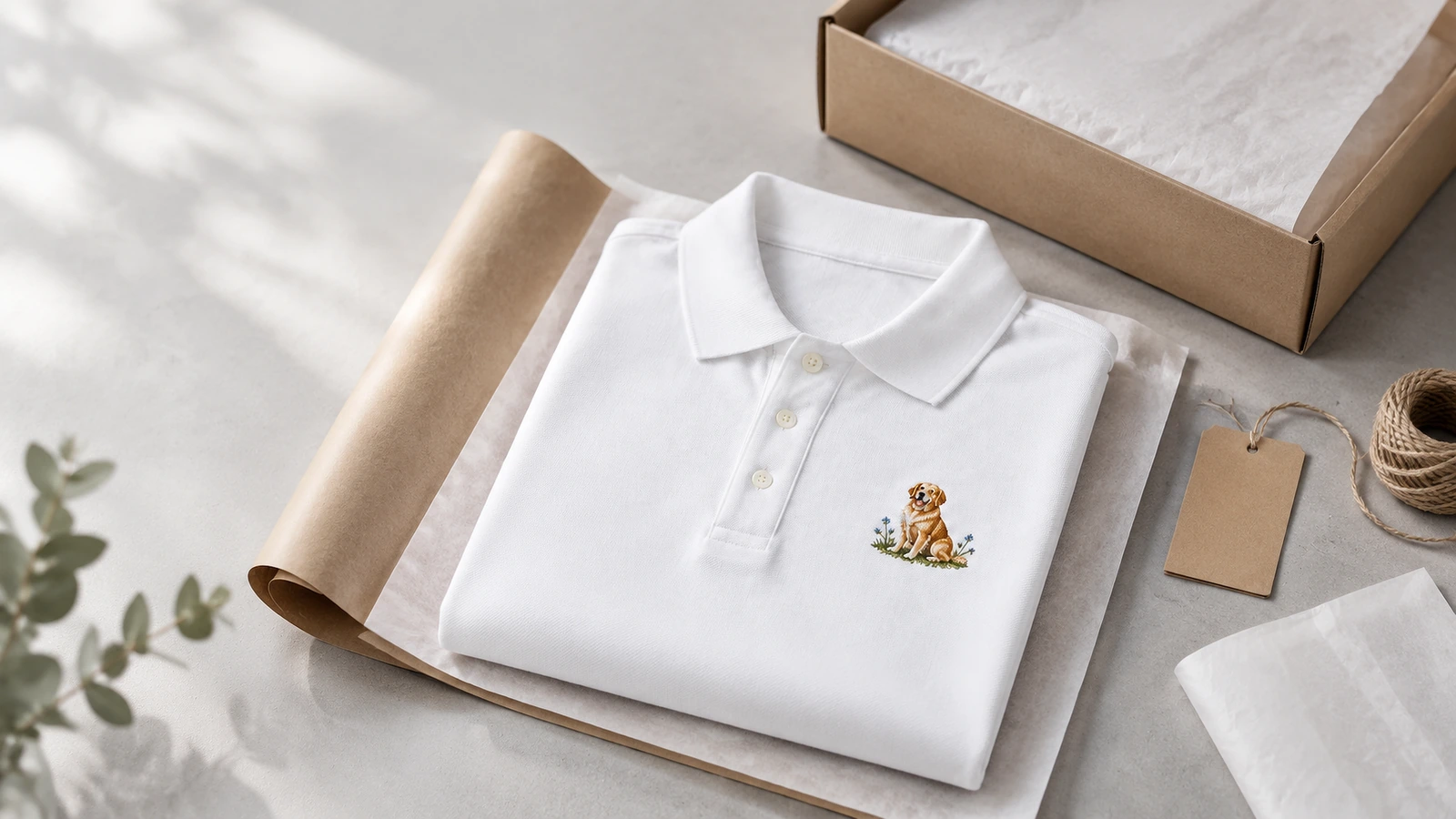Áo polo gấp và vật liệu đóng gói Áo polo trắng có thêu gấp trên giấy gói kraft, cạnh hộp và thẻ trống