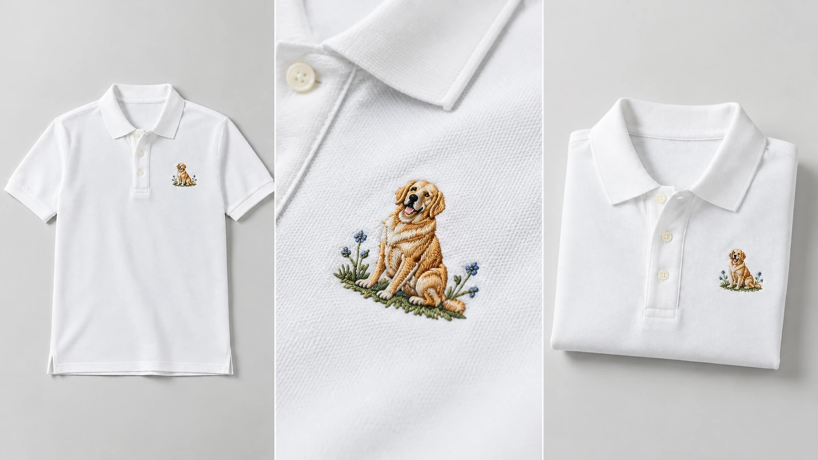 Các góc nhìn áo polo trắng có thêu Bộ ghép ảnh áo polo trắng toàn thân, gấp lại và cận cảnh hình thêu