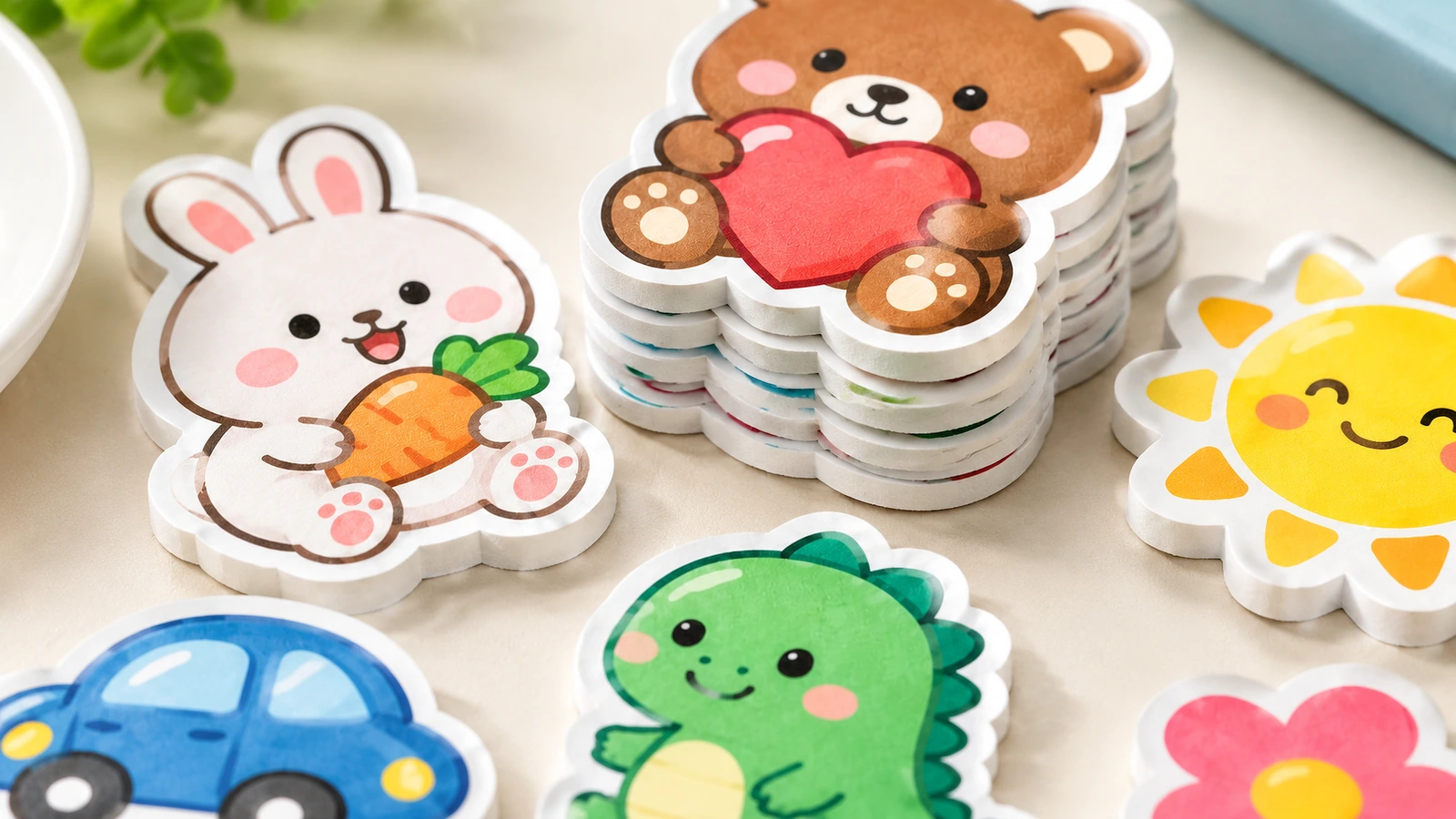 Cận cảnh các decal bọt xốp hình gấu và thỏ xếp chồng, đặt cạnh các thiết kế mặt trời, ô tô, khủng long và hoa