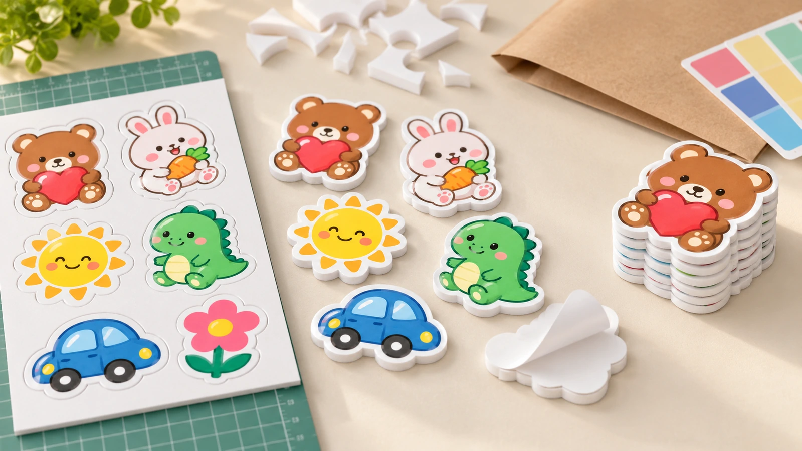 Tranh nhân vật in trên tấm, đặt cạnh các decal bọt xốp đã cắt tương ứng, phần thừa màu trắng và tấm cắt