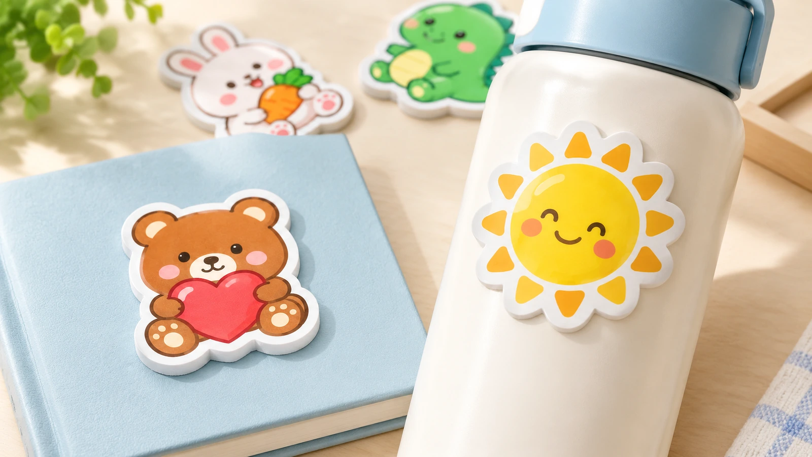 Decal bọt xốp hình gấu trên cuốn sổ xanh và decal bọt xốp hình mặt trời trên chai trắng