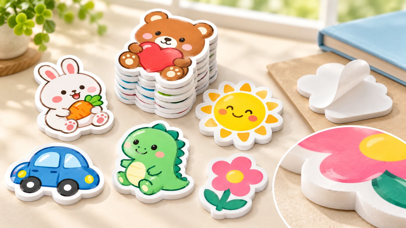 Decal bọt xốp nhân vật đa dạng với một chồng gấu, lớp nền trắng đã bóc và cận cảnh mép hoa