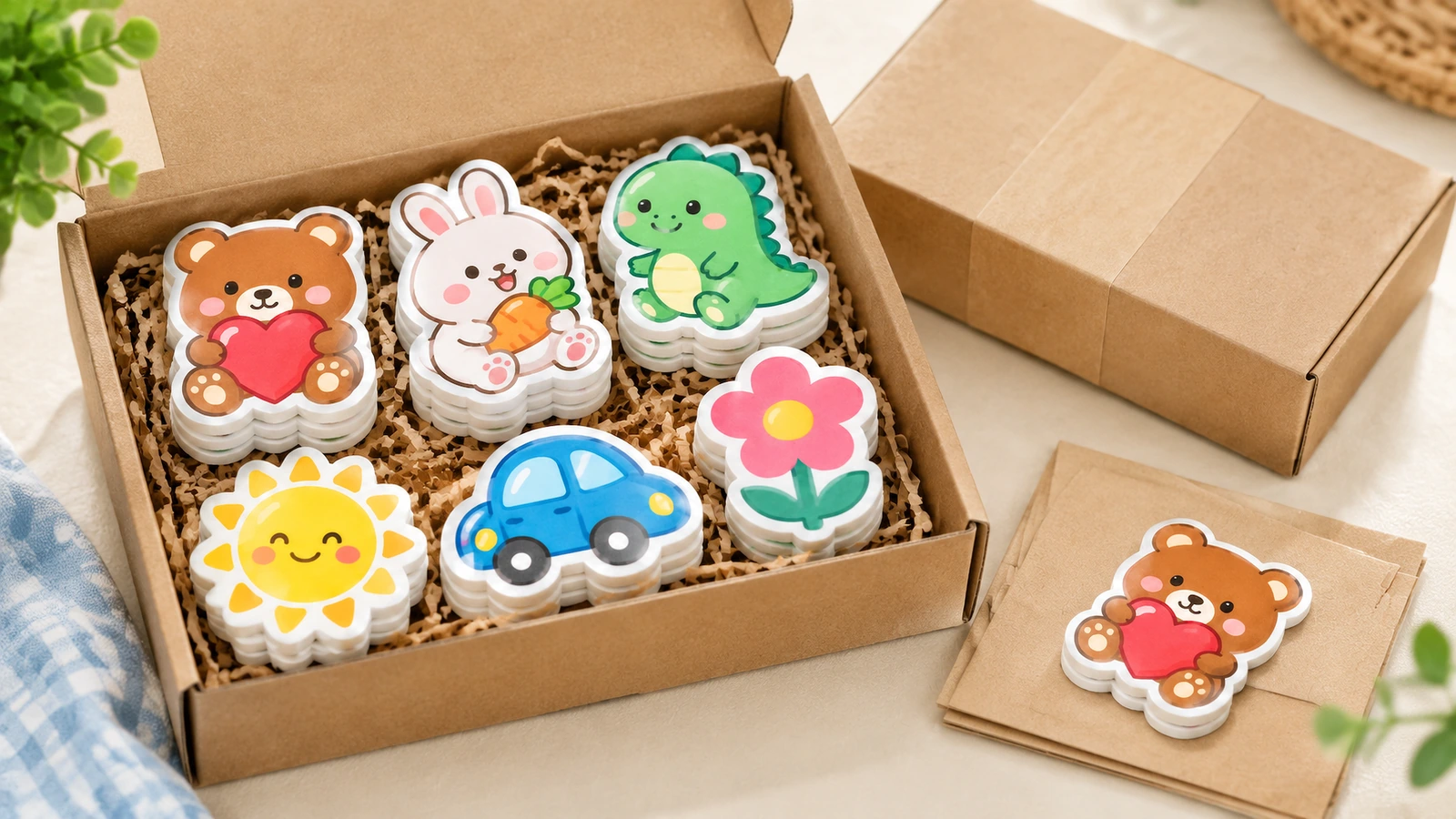 Các chồng decal bọt xốp nhân vật nhiều màu trong hộp quà giấy kraft mở, có giấy vụn lót