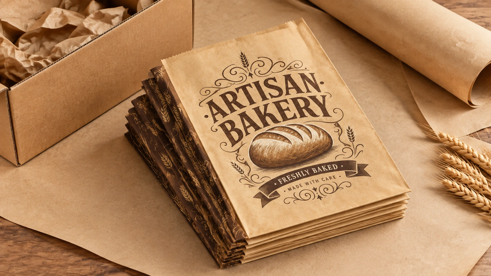 Túi bánh dẹt và vật liệu đóng gói Chồng túi ARTISAN BAKERY dẹt đặt cạnh hộp carton, giấy gói và lúa mì