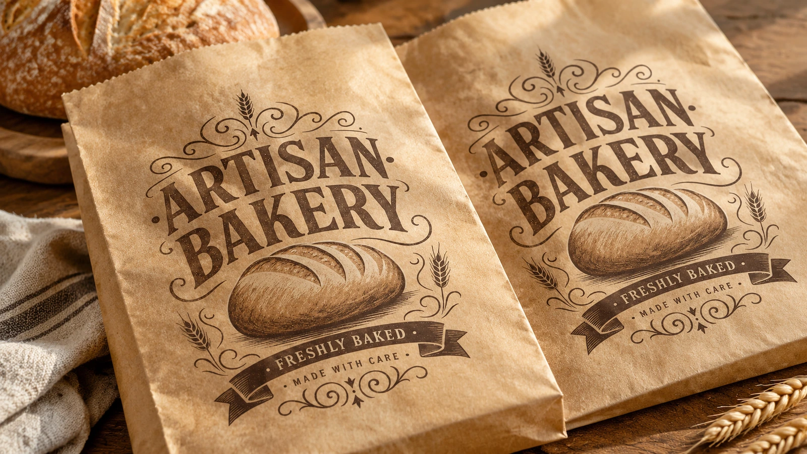 Túi bánh đặt cạnh bánh mì Hai túi ARTISAN BAKERY màu nâu đặt cạnh bánh mì và lúa mì