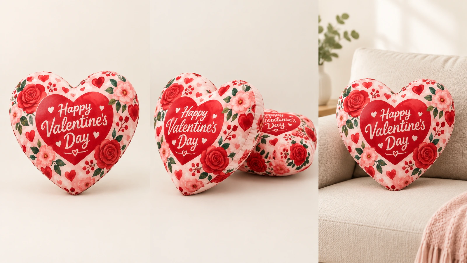 Ảnh ghép trưng bày gối trái tim Valentine Ảnh ghép các gối trái tim Valentine hoa ở nhiều vị trí trưng bày