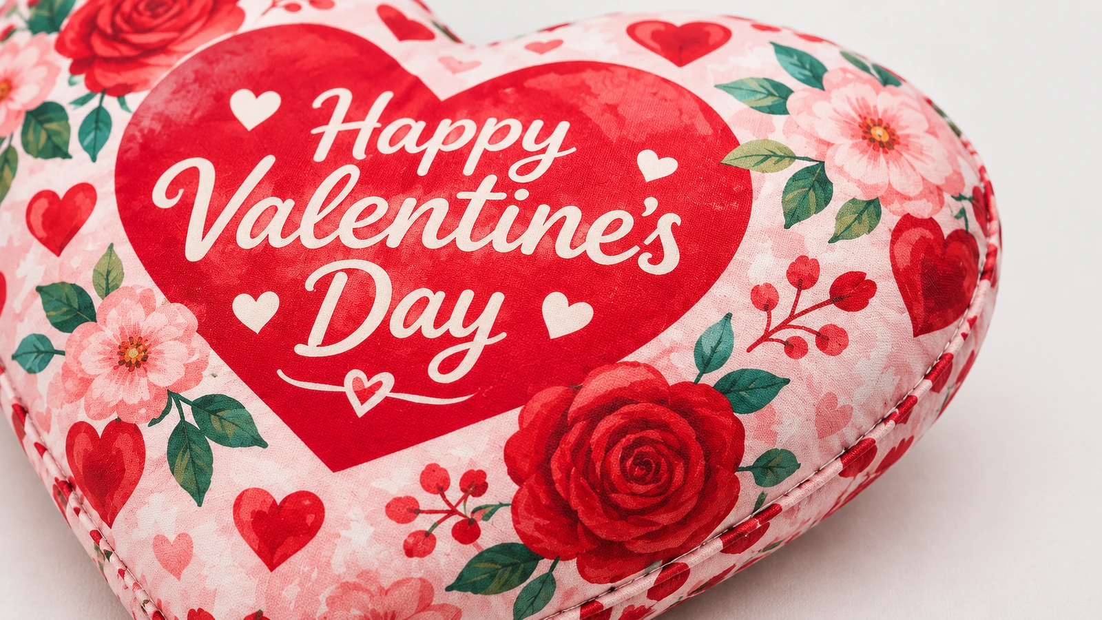 Chi tiết hình in gối trái tim Valentine Cận cảnh gối trái tim hoa được in lời chúc Valentine