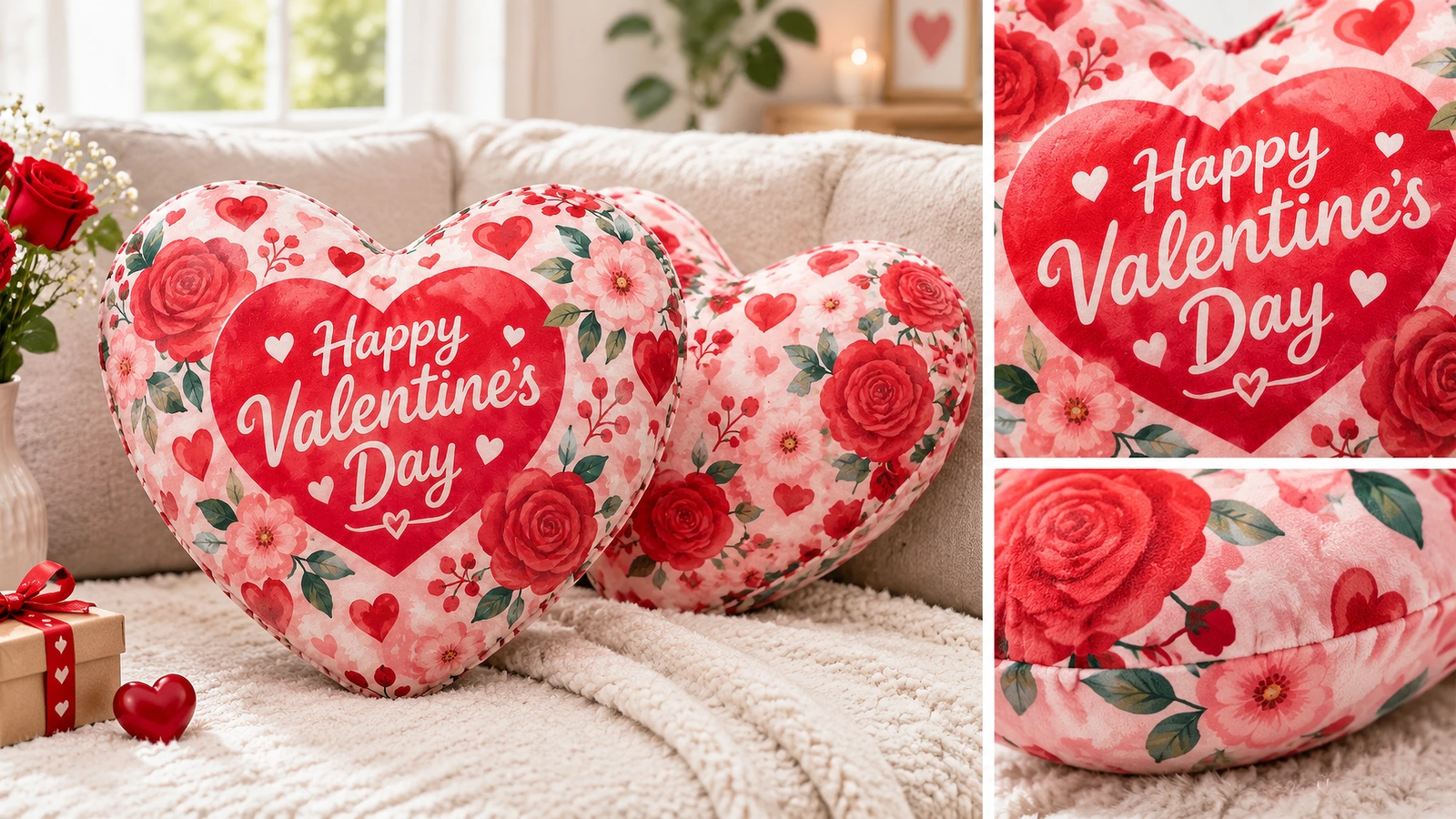 Trưng bày gối trái tim Valentine và chi tiết đường may Trưng bày ghế sofa với gối trái tim hoa, cận cảnh lời chúc và đường may