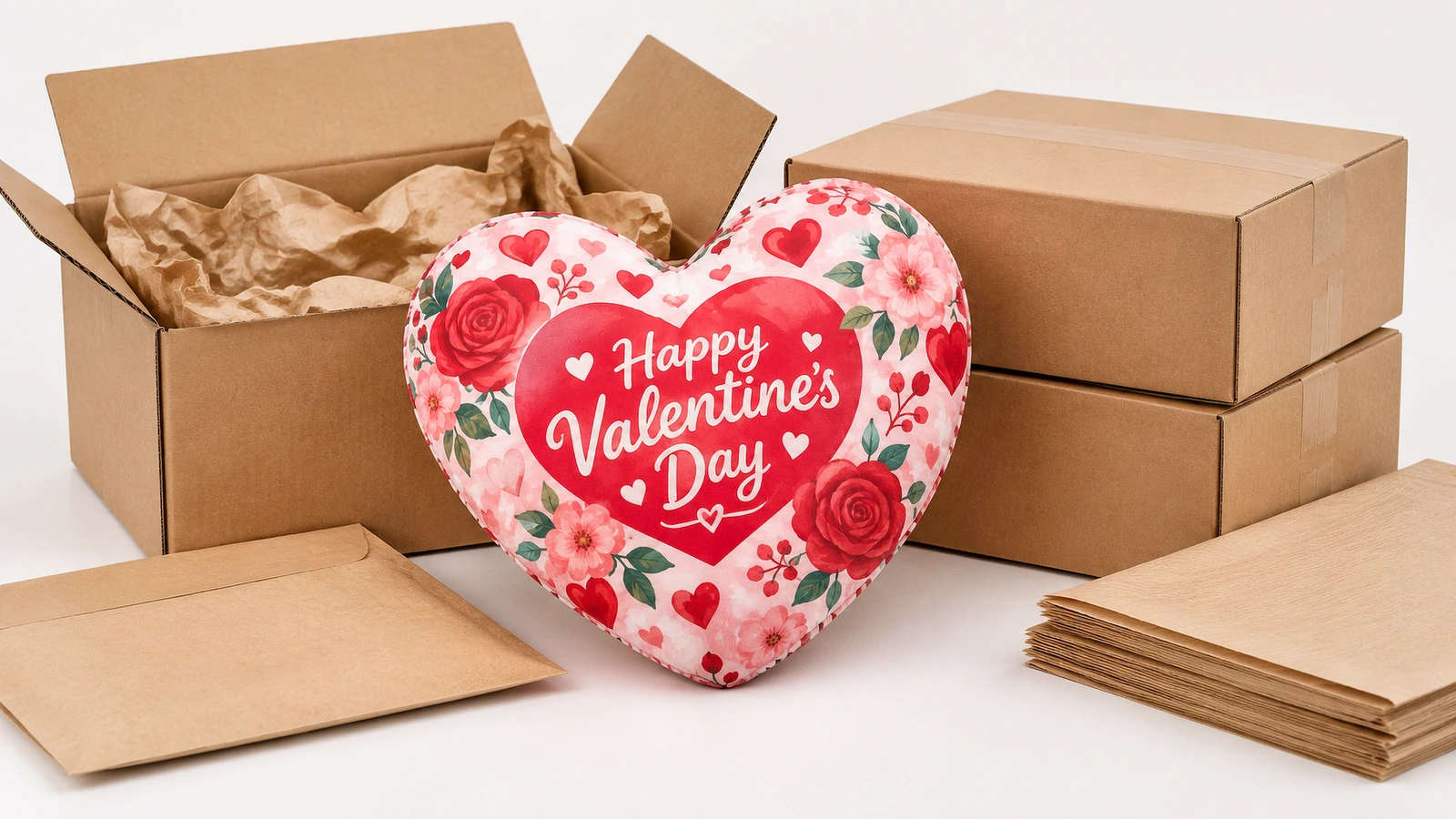 Gối trái tim và vật liệu vận chuyển Gối trái tim Valentine cạnh thùng carton và vật liệu đóng gói bằng giấy