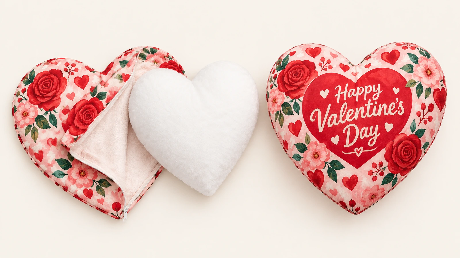 Vỏ gối trái tim và thẻ chèn Vỏ gối trái tim in hình, thẻ chèn hình trái tim màu trắng và gối Valentine đã nhồi