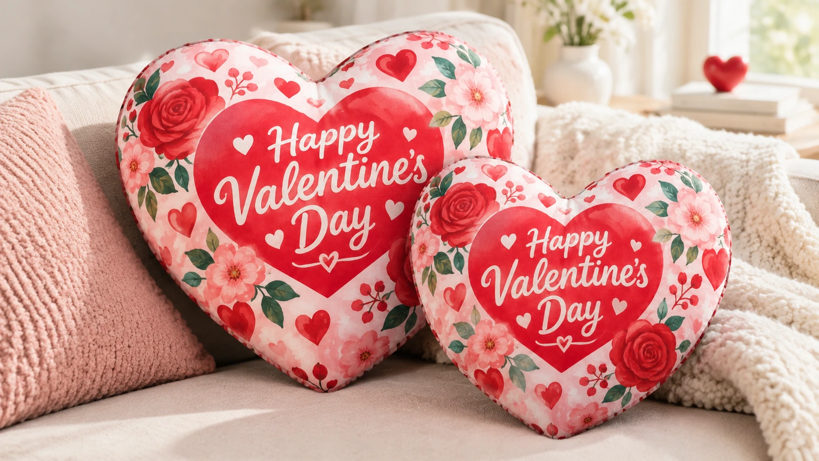 Gối trái tim Valentine trên ghế sofa Hai gối trái tim Valentine hoa được trưng bày trên ghế sofa