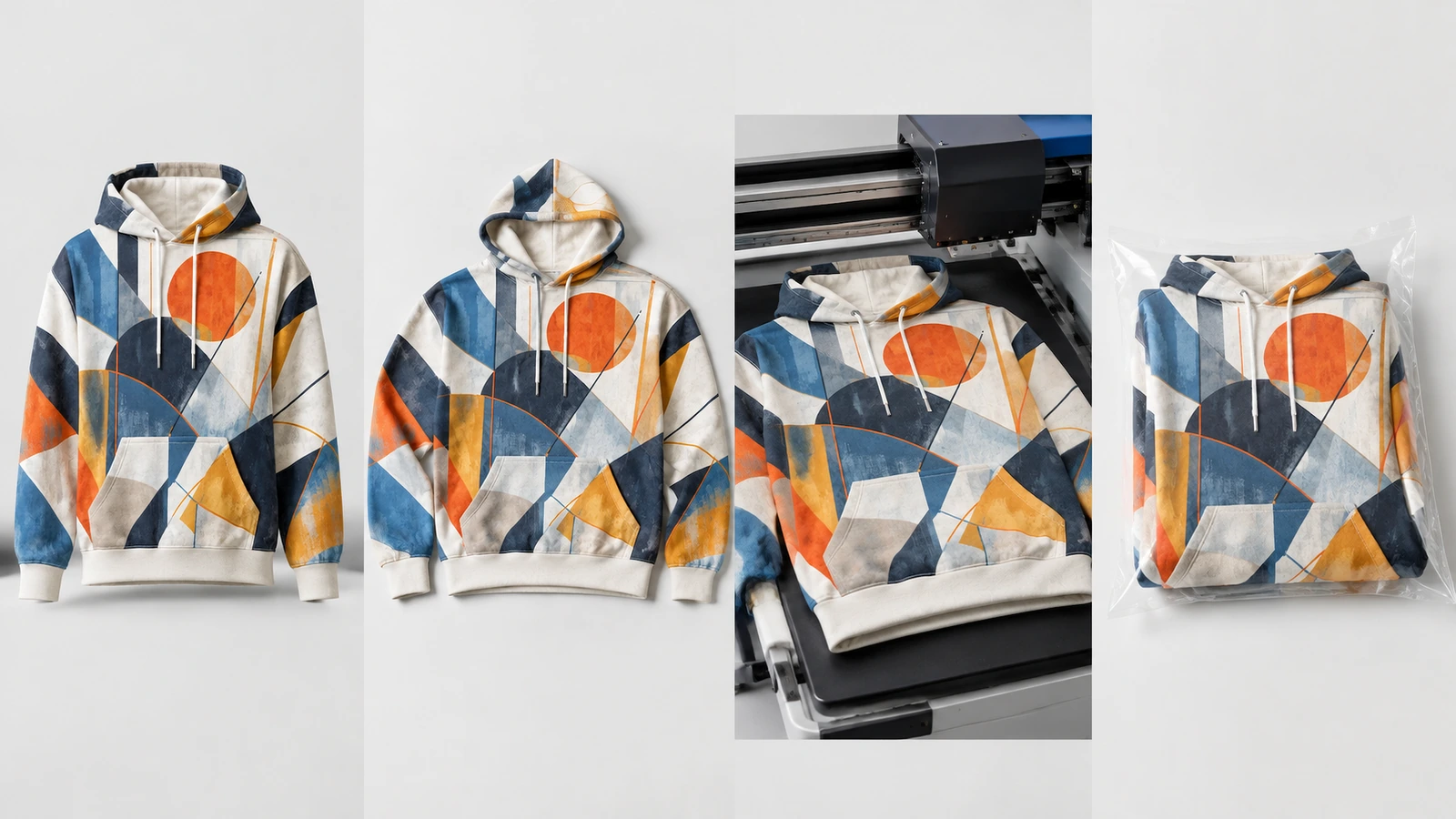 Ảnh ghép các áo hoodie họa tiết hình học được đặt đứng, trải phẳng, gấp gọn và xếp bên dưới thiết bị in