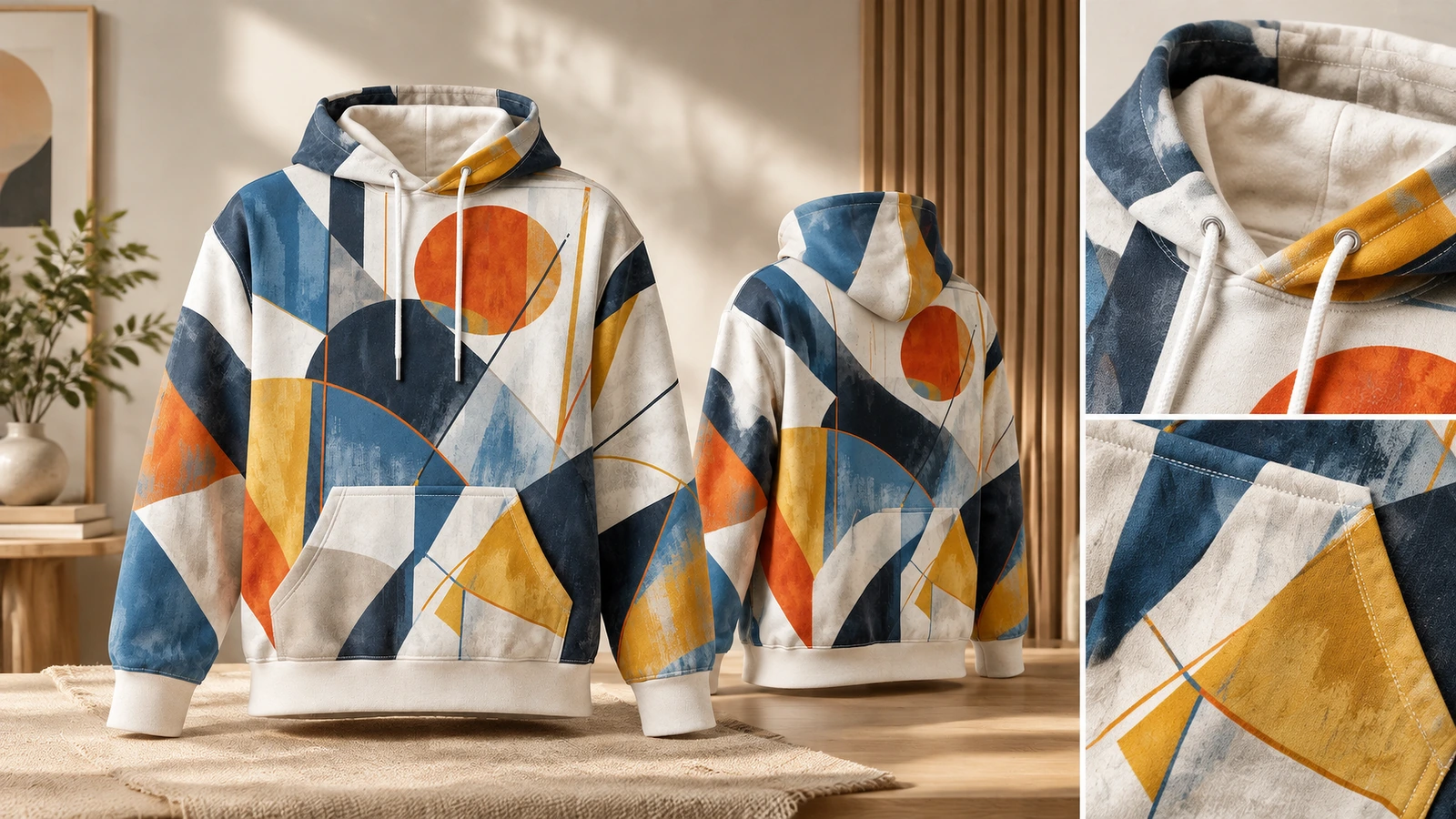 Ảnh mặt trước và mặt sau của áo hoodie họa tiết hình học, kèm cận cảnh mũ và túi