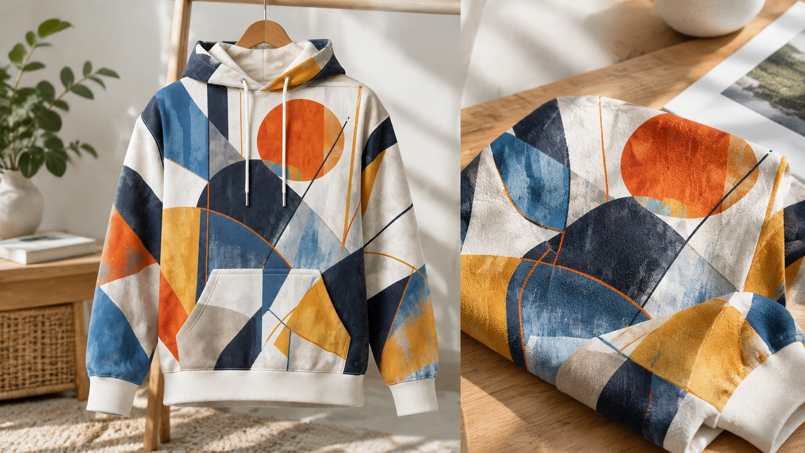 Áo hoodie họa tiết hình học treo trên móc, cạnh ảnh cận cảnh tay áo in hình