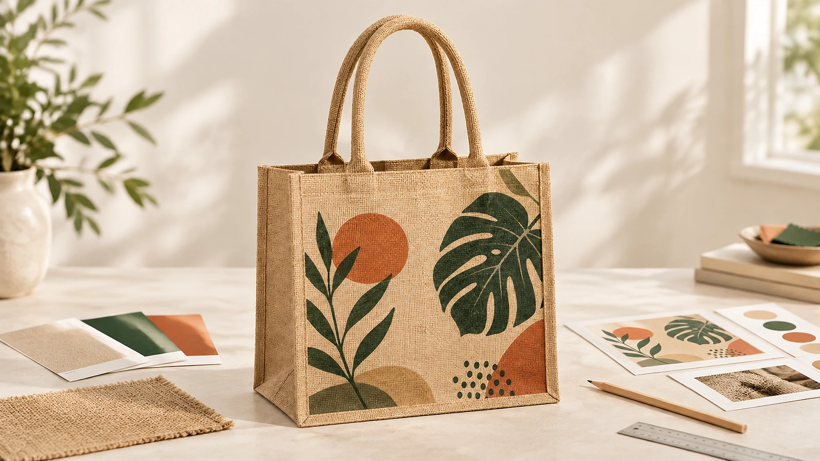 Trưng bày túi tote đay in họa tiết Túi tote đay với họa tiết lá xanh và đất nung (terracotta), đặt cạnh mẫu vải và mẫu màu