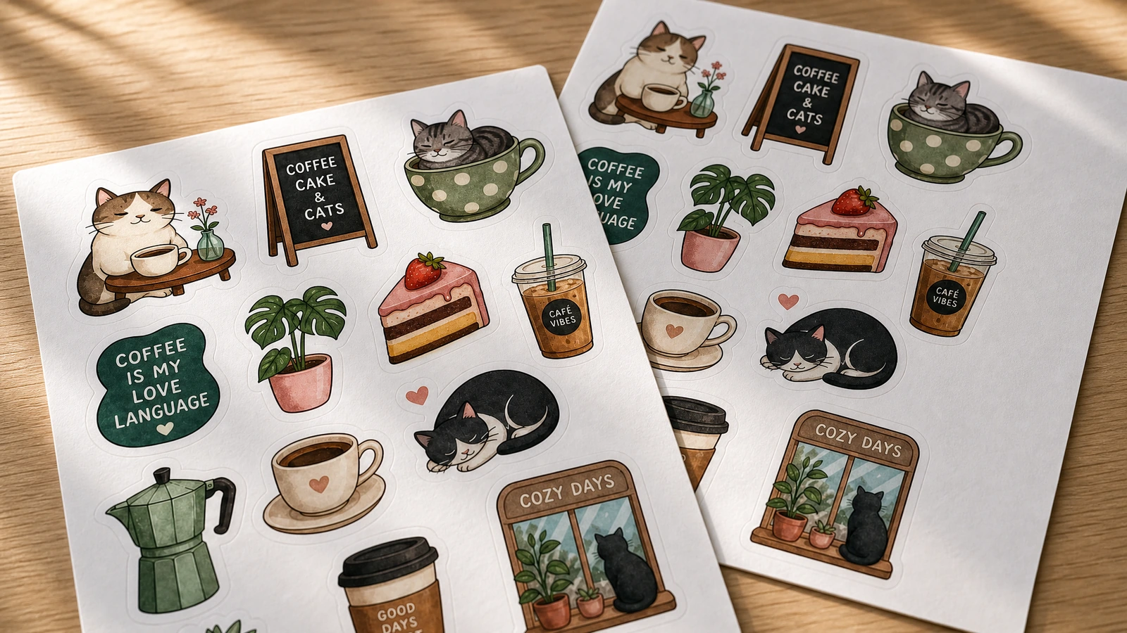 Hai tờ decal chủ đề mèo và cà phê xếp chồng lên nhau dưới ánh nắng