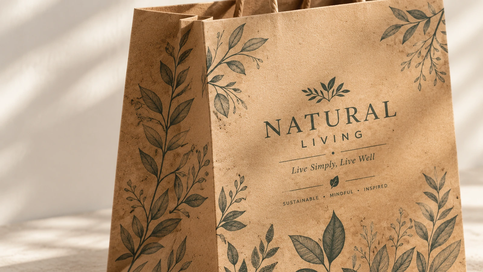 Túi giấy màu nâu in họa tiết lá Cận cảnh túi giấy màu nâu in hình lá và chữ NATURAL LIVING