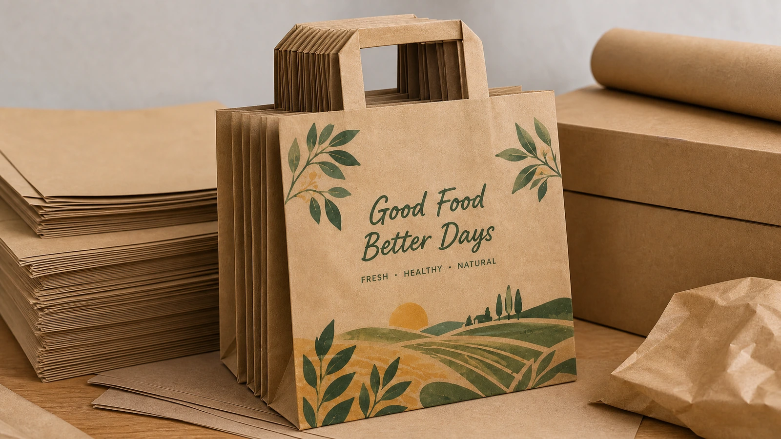 Túi giấy quai phẳng và hộp đóng gói Túi giấy màu nâu có quai phẳng và đồ họa Good Food Better Days đặt cạnh các hộp đóng gói