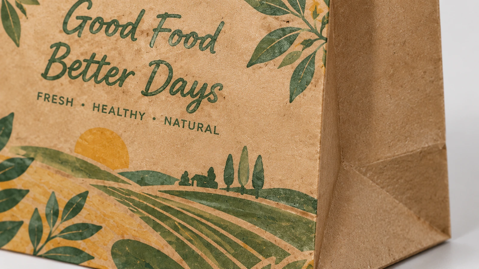 Bề mặt giấy nâu đã in Ảnh cận cảnh chữ Good Food Better Days và đồ họa vùng quê trên giấy nâu