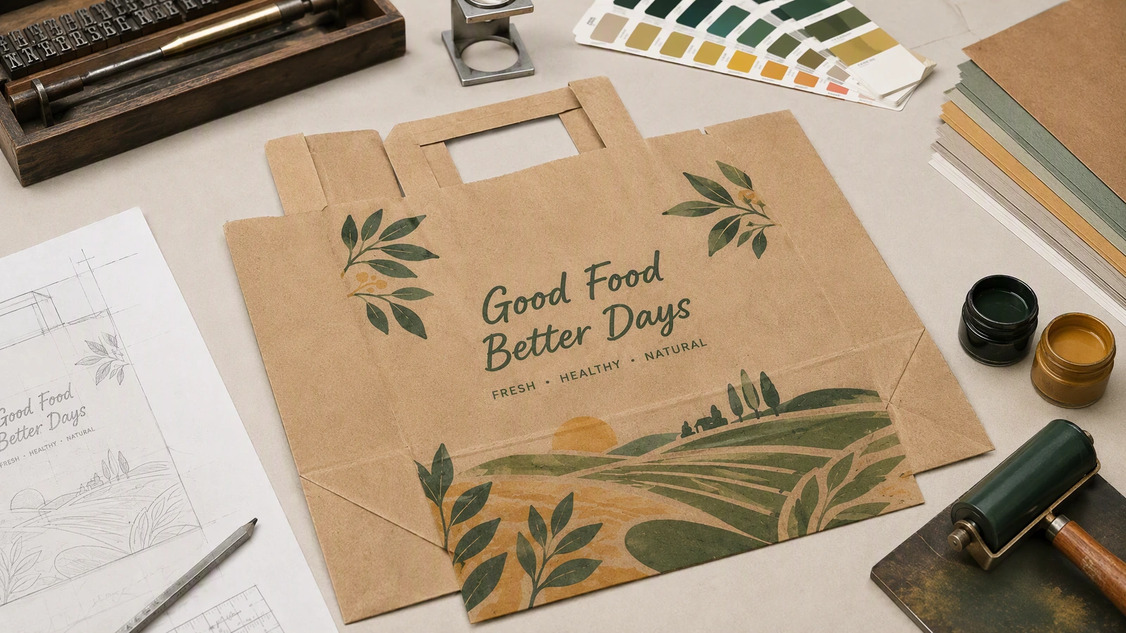 Thiết kế túi có quai phẳng và vật liệu in ấn Túi giấy nâu phẳng in thiết kế Good Food Better Days, bên cạnh bản vẽ, mực in và mẫu màu