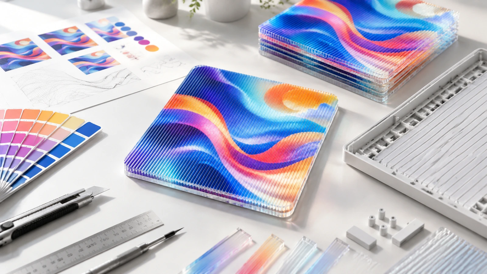 Các mẫu lenticular vuông nhiều màu bên cạnh bảng mẫu màu, thước kẻ và tấm thấu kính trên bàn thiết kế