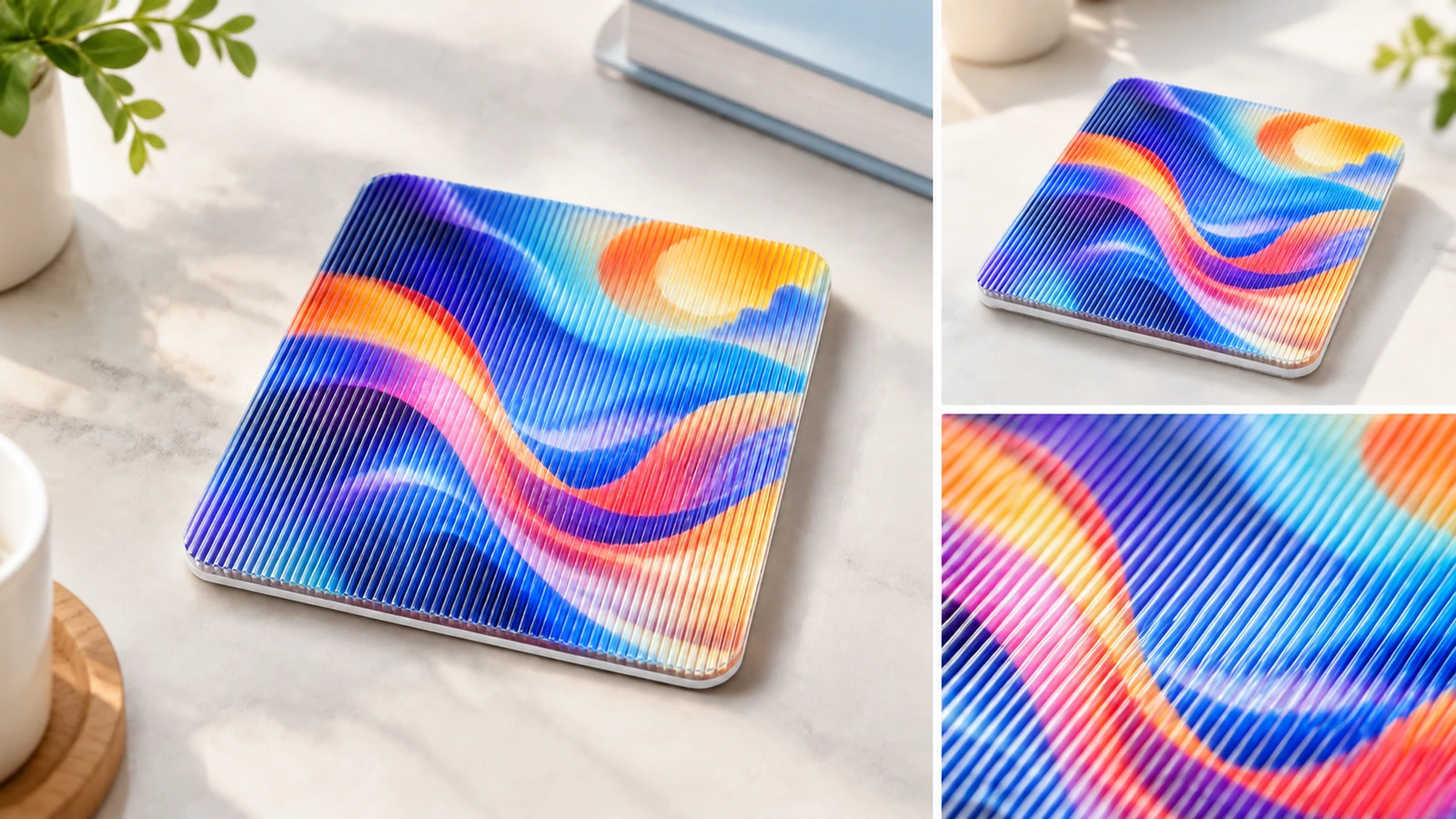 Ảnh ghép thể hiện một mẫu lenticular nhiều màu và ảnh cận cảnh bề mặt có gờ của mẫu đó