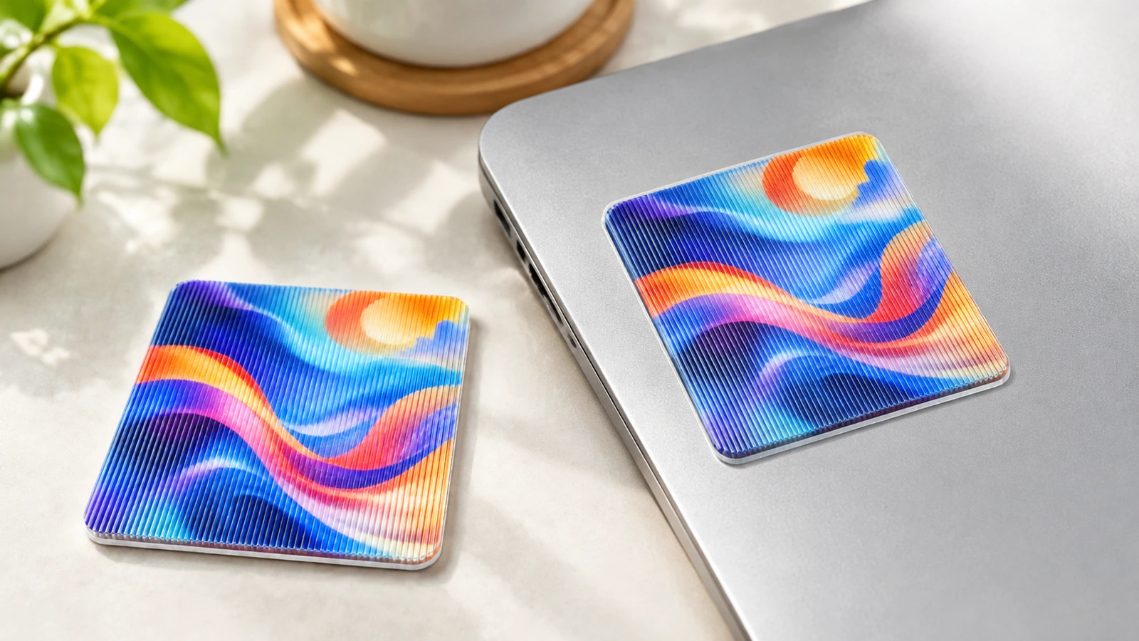 Các mẫu lenticular vuông nhiều màu trên bàn và chiếc laptop đã đóng