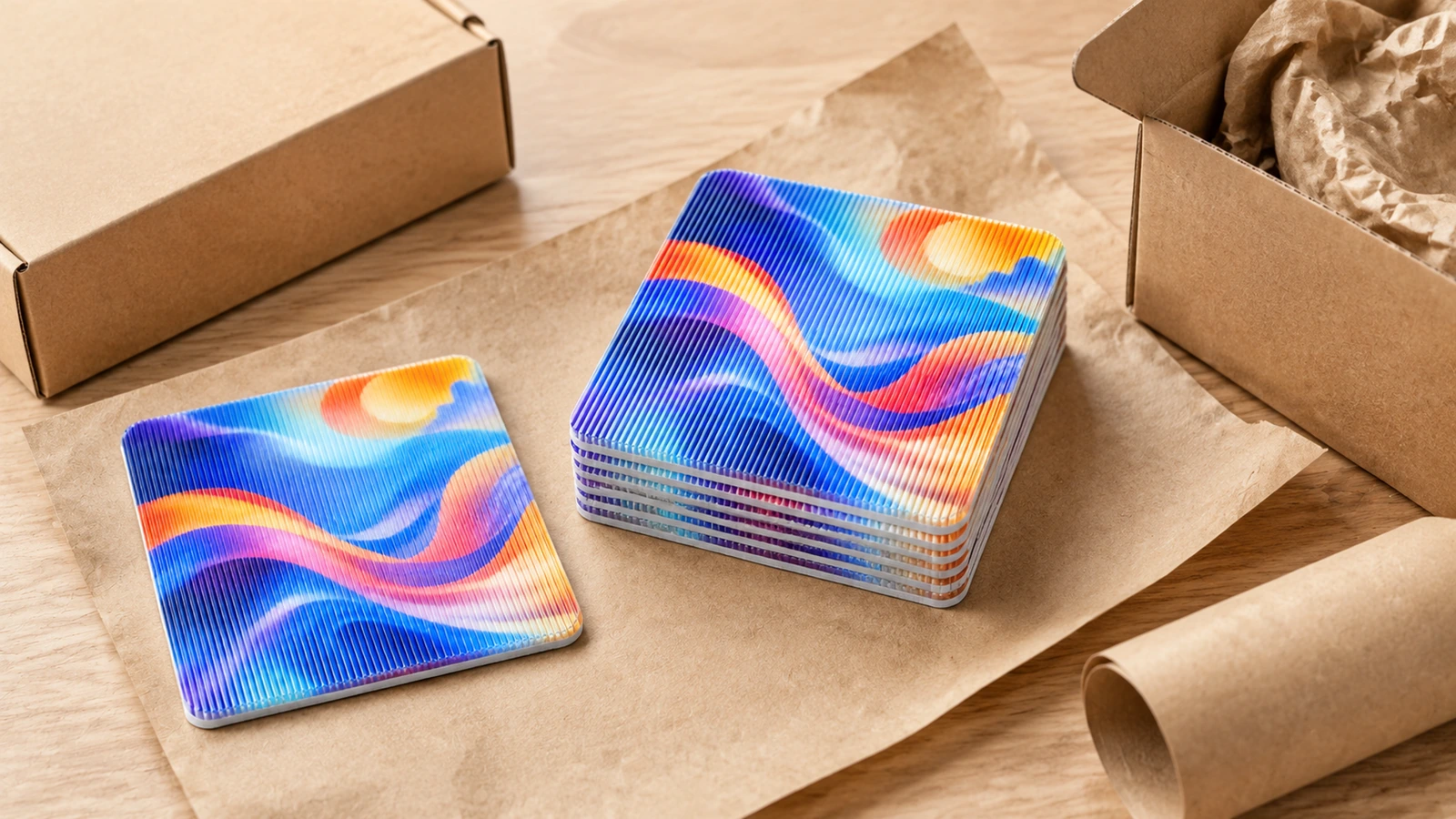 Các mẫu lenticular vuông xếp chồng trên giấy kraft, bên cạnh hộp carton