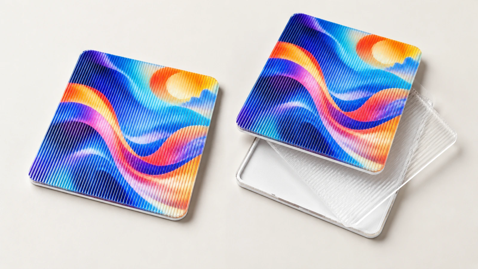 Hai mẫu lenticular vuông với họa tiết sóng nhiều màu, một mẫu đặt phía trên lớp có gờ trong suốt