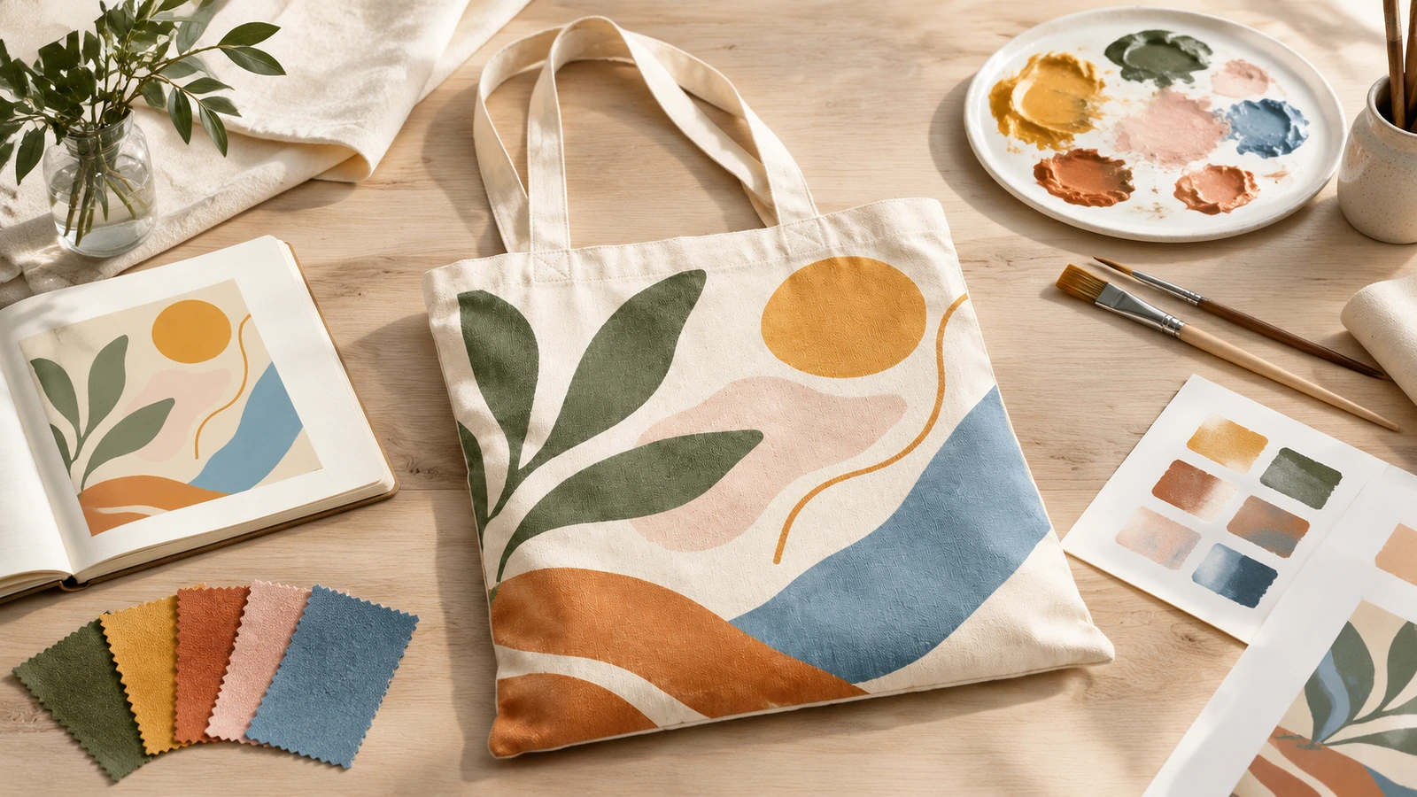 Túi tote cotton có thiết kế in lá và trừu tượng, đặt cạnh màu vẽ, mẫu vải và một cuốn sổ phác thảo đang mở