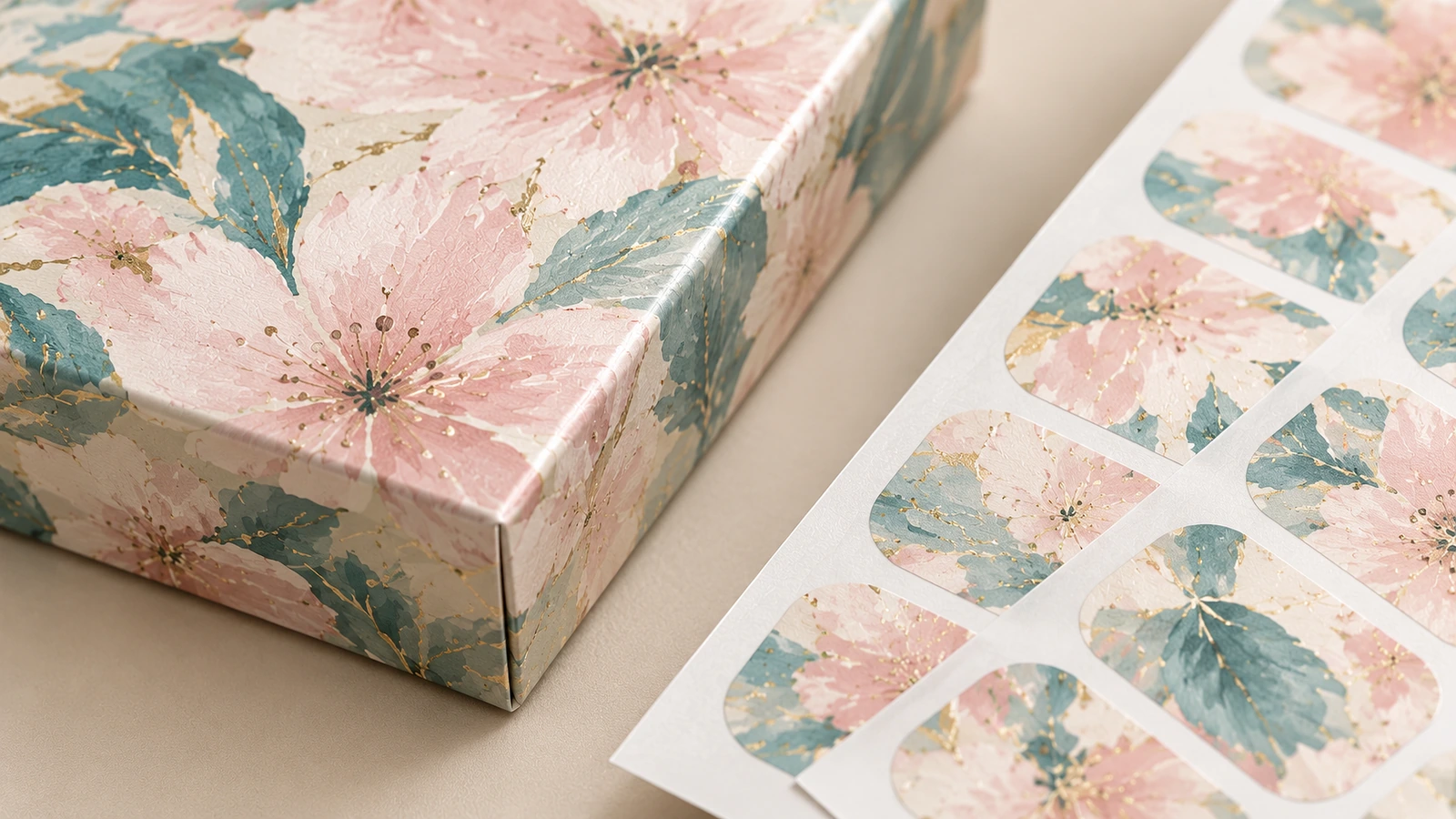Chi tiết in trên miếng dán hoa và bao bì Cận cảnh tờ miếng dán móng hoa bên cạnh góc hộp in đồng bộ