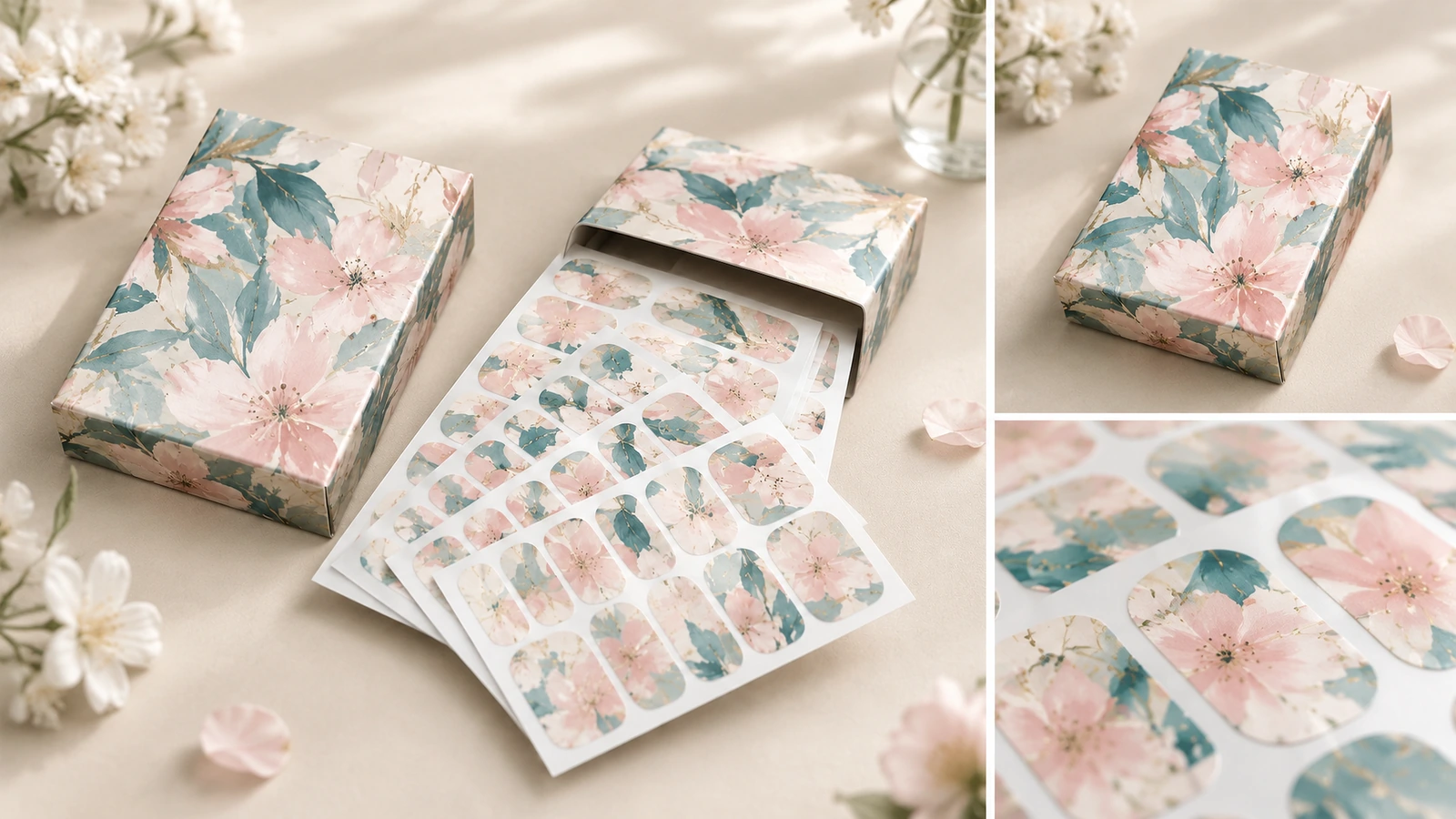 Ảnh ghép sản phẩm miếng dán móng hoa và bao bì Ảnh ghép các tờ miếng dán móng hoa, một hộp in đã đóng và chi tiết cận cảnh miếng dán
