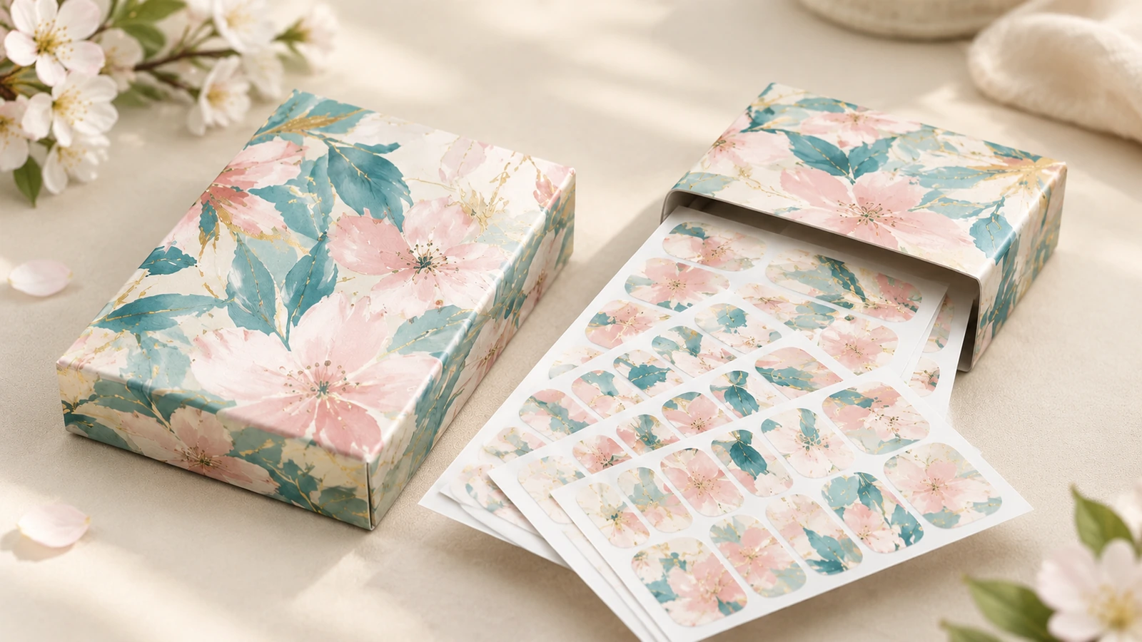 Tờ miếng dán in và hộp Tờ miếng dán móng hoa được trưng bày bên ngoài hộp in đồng bộ
