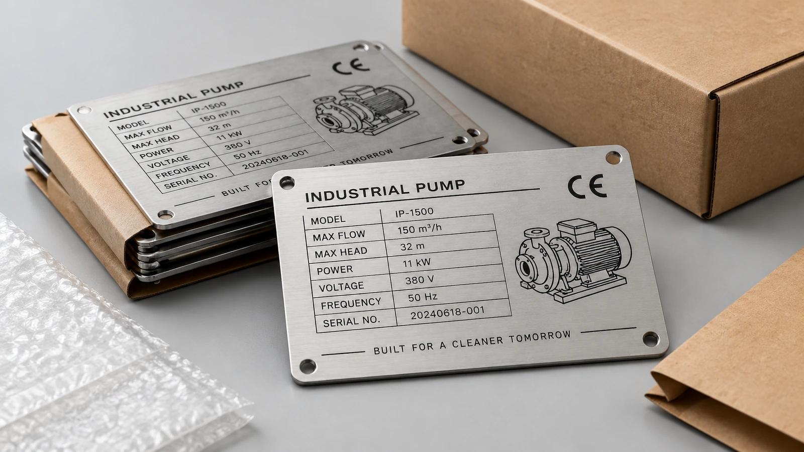 Các bảng tên máy bơm công nghiệp xếp chồng, có lớp lót bảo vệ xen kẽ, đặt cạnh bao bì carton và màng xốp hơi
