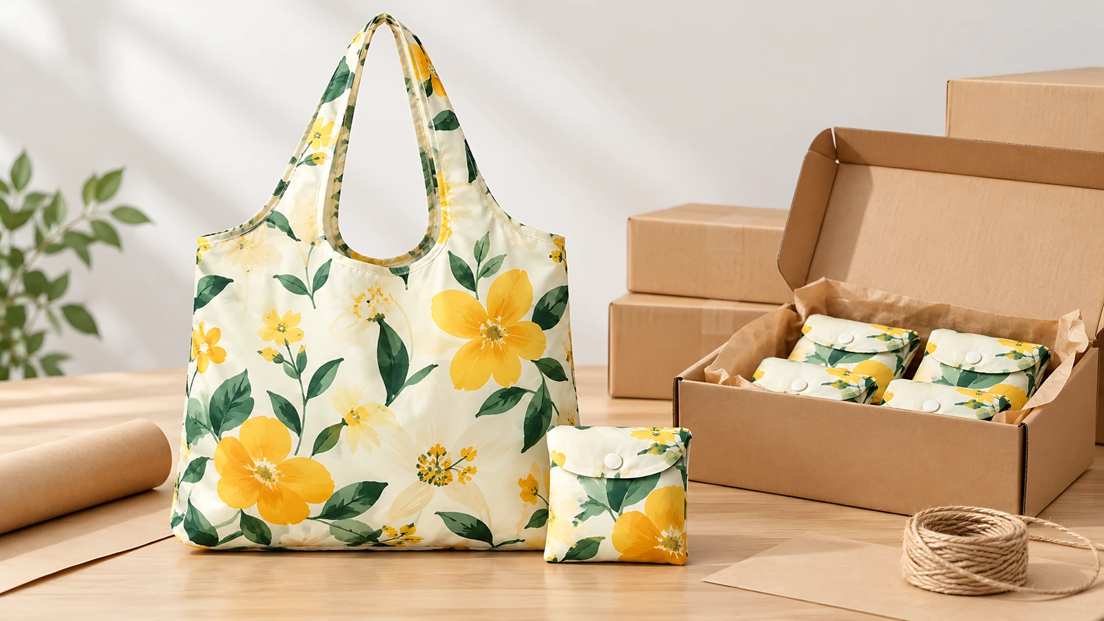 Túi tote hoa vàng và các túi nhỏ đã gấp đặt cạnh thùng carton mở cùng vật liệu đóng gói
